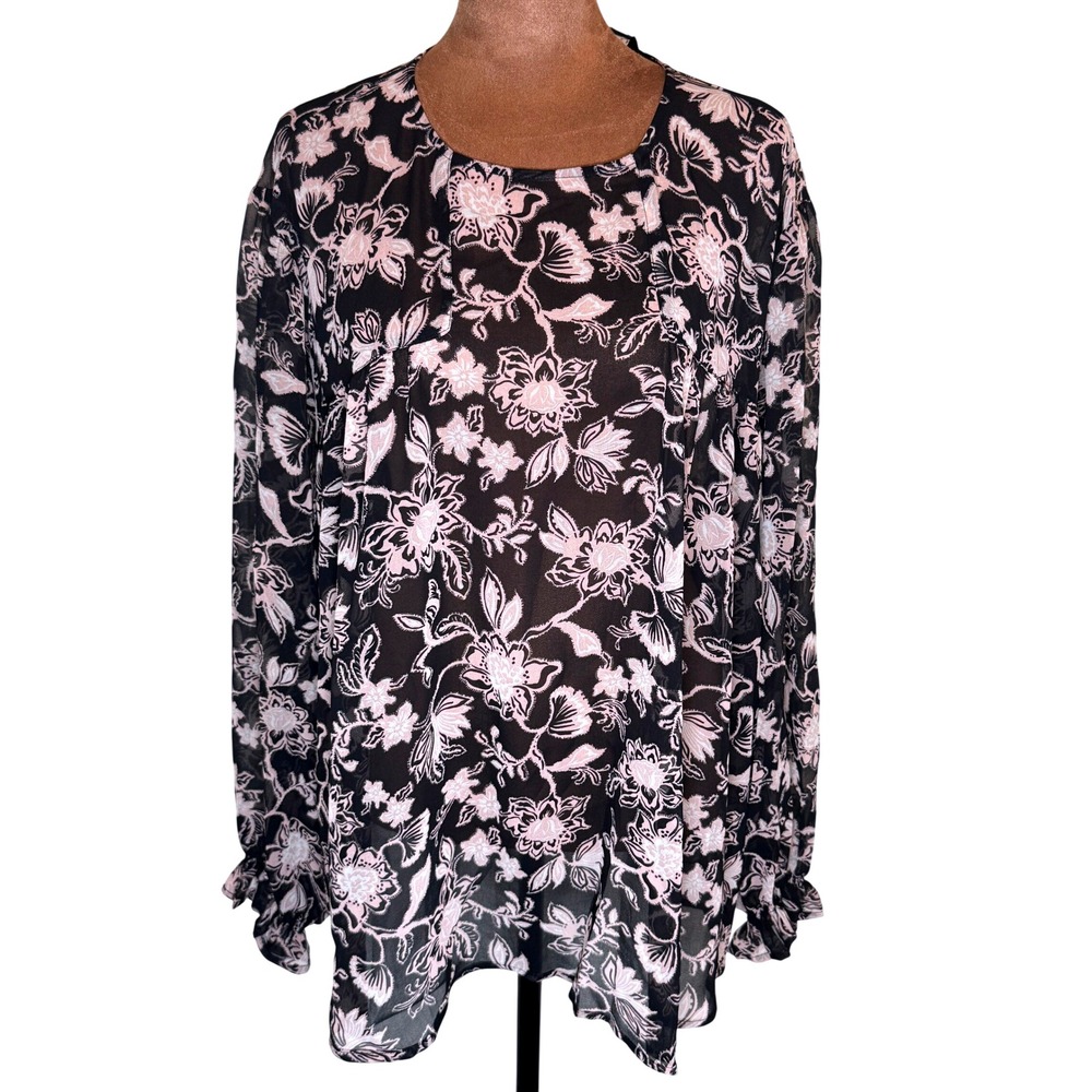 Sanctuary Floral Blouse Women XL Black Pink Sheer Long Sleeve Recycled Top‎ NWT